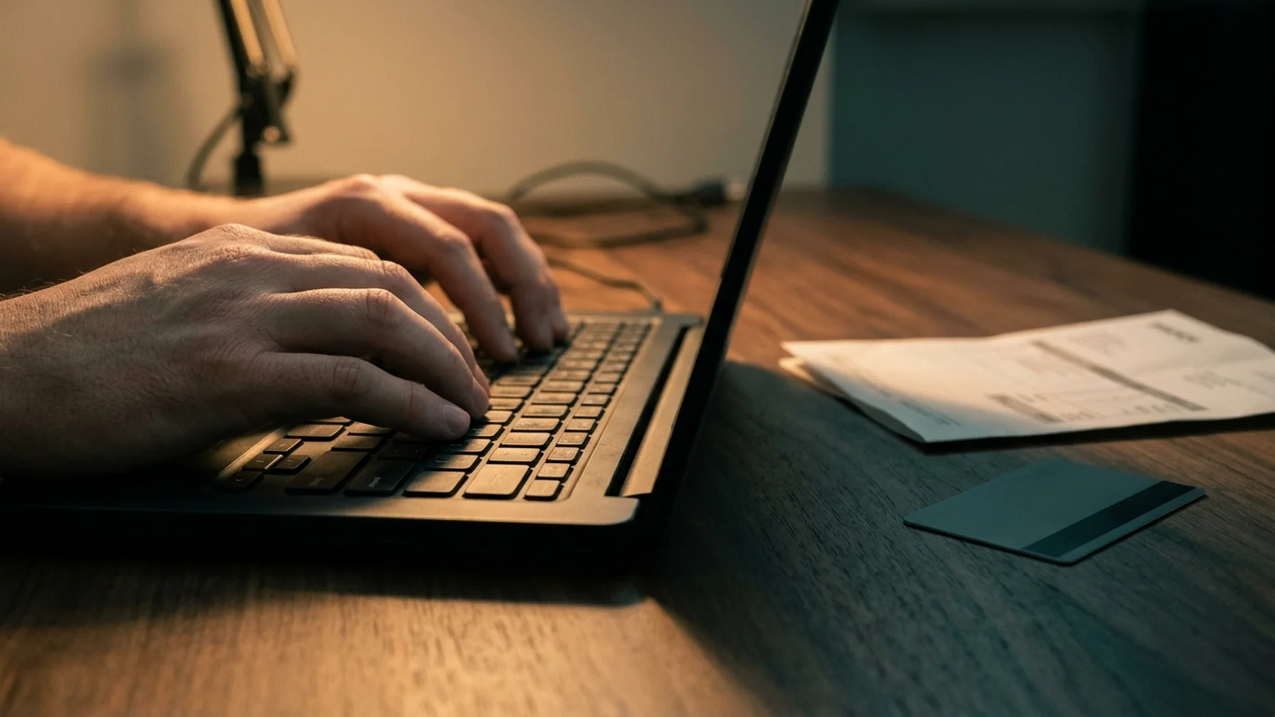Close-up of hands entering payment details on a laptop beside a printed invoice and a bank card, evening desk light