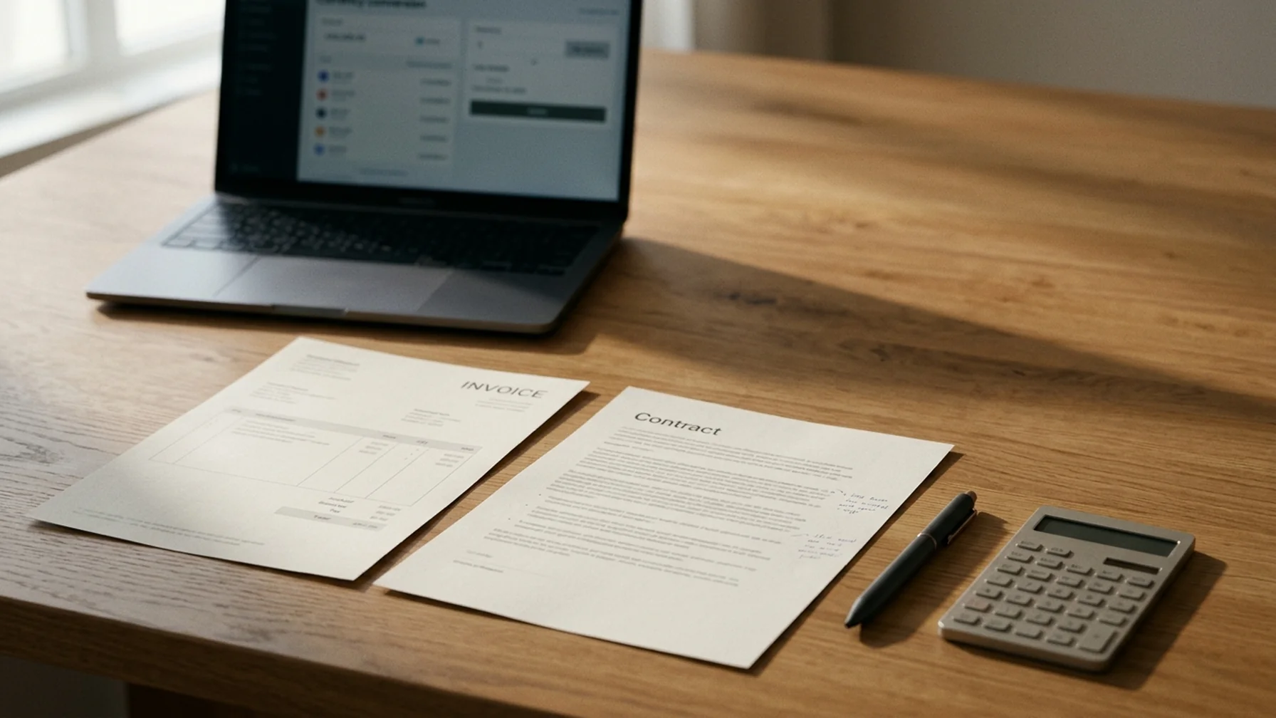 A freelance designer's desk with a printed invoice, a contract with handwritten margin notes, a laptop showing a currency exchange screen and a calculator, lit by window light.